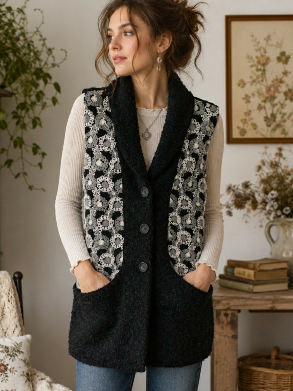 Sioni Artsy‎ Boho Cardigan Vest LG Statement Layer Embroidered Long Wool Mohair